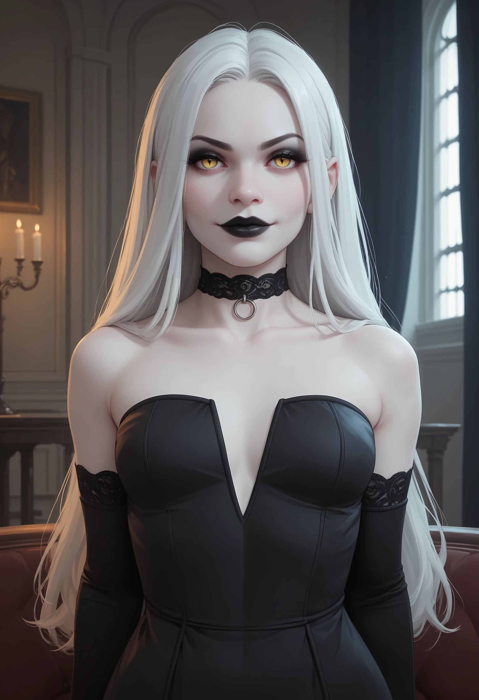 score_9, score_8_up, score_7_up, score_6_up, score_5_up, score_4_up, 1girl, vampire, colored skin, pure white skin, medium breasts, choker, lips, thick lips, black lipstick, long hair, white hair, yellow eyes, black eyeshadow, smirk, black dress, elbow gloves, covered breasts, upper body, mansion interior background,
indoors, black curtains, night time, dark,