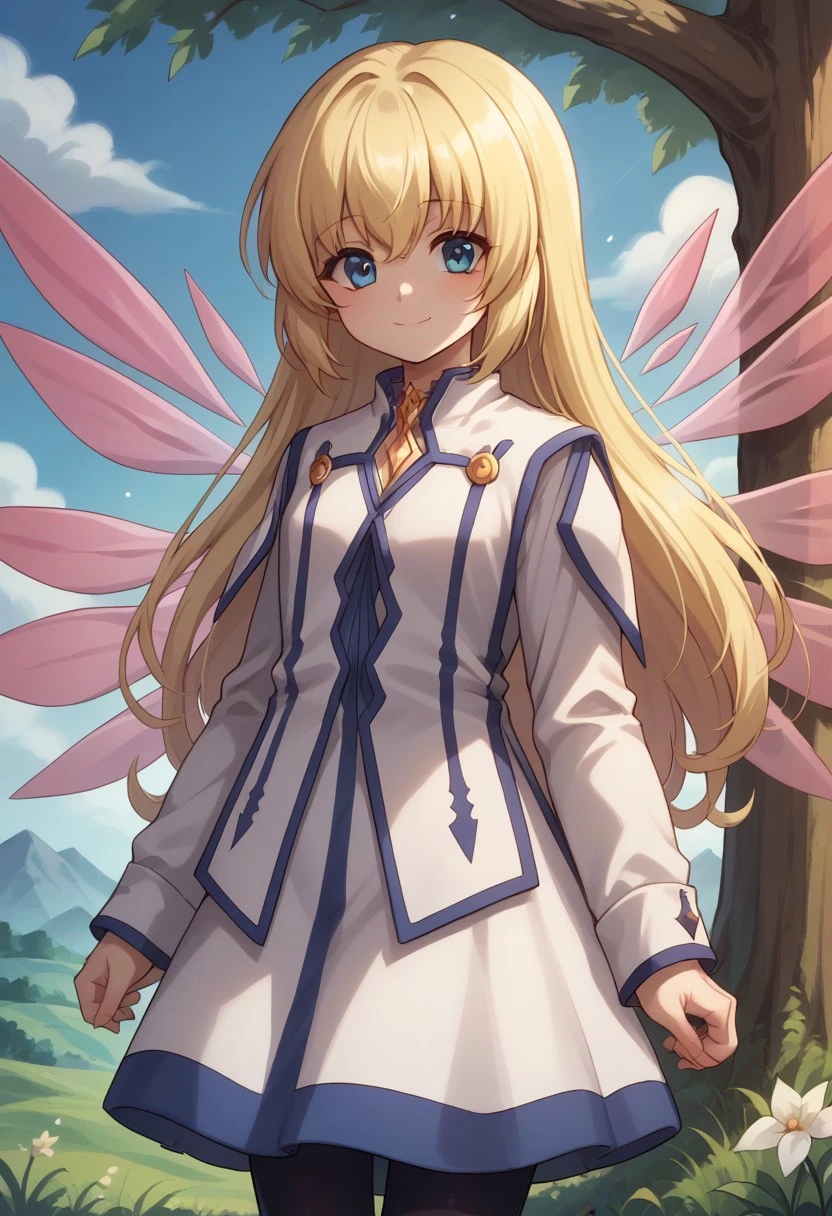 score_9, score_8_up, score_7_up, source_anime, highly detailed, 
colette, 1girl, pink wings, solo, blonde hair, pantyhose, long hair, wings, blue eyes,
smile, black pantyhose,  long sleeves, looking at viewer,
closed mouth, dress, white dress, boots, bangs, upper body
outdoor, sky, tree