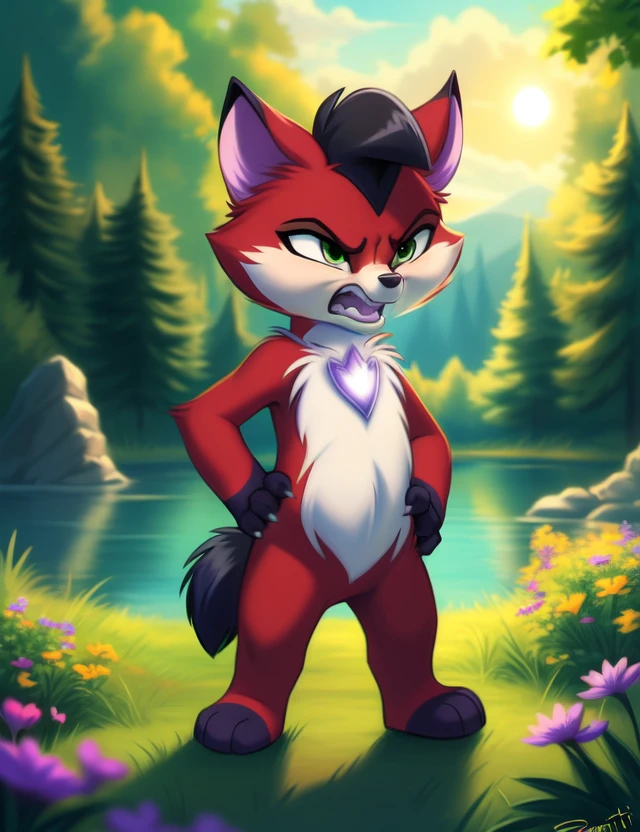 <lora:AmaruEvilLoliRockYif:1> AmaruEvilLoliRock, green eyes, black tail, red fur,  black hands, (red belly, claws,) chibi,   angry, (Hands on hips, standing,)
[ the sun is shining, (glade,) forest, grass, stars, lake, day, , clouds, flowers, blanket, blue pillows, candles,] 
(beautiful, aesthetic, perfect, delicate, intricate, saturated colors), masterpiece, digital drawing, best quality,
[by personalami], by smitty g, [[[by Foxovh]]], [[by Ross Tran]]