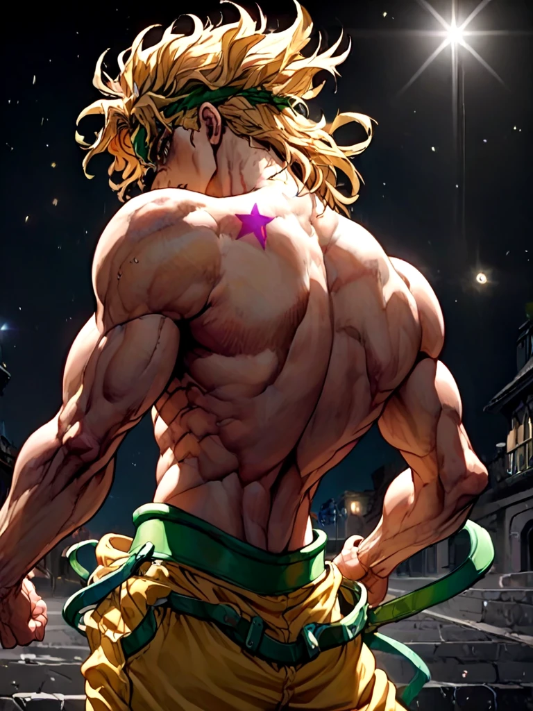 ((black background)), close-up, dio_brando's_pose_\(jojo\), birthmark \(joestar\), ear birthmark, looking at viewer, jojo pose, stepped on staris, night, wind, indoors, vampire, off shoulder, blonde hair, headband, green belt, yellow pants, topless male, muscular male, narrow waist, evil smile, bare back. shaded face, looking back, full body, <lora:dioandhisstarbirthmark_pony:1>