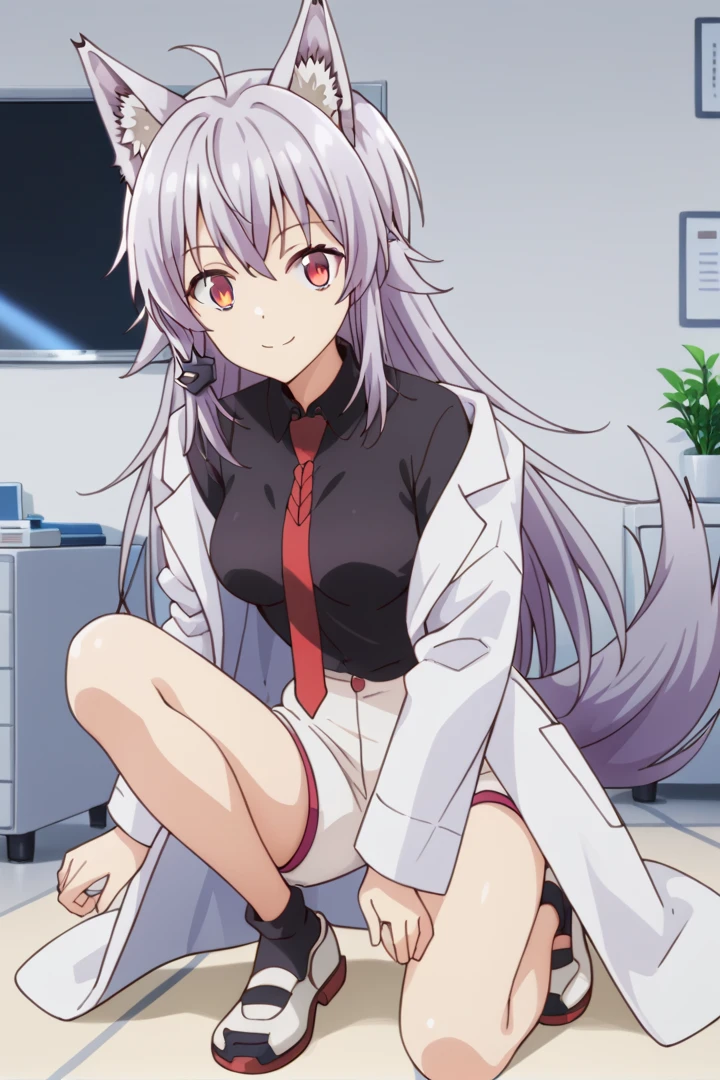 labcoat black shirt white shorts red necktie, ag-wolfbete, wolf tail, medium breasts, 1girl, solo, skinny, masterpiece, high quality, (full body), indoors, light smile, score_9, score_8_up, score_7_up, source_anime, anime, anime style <lora:ag-wolfbete-pony-V03-000003:1.00>