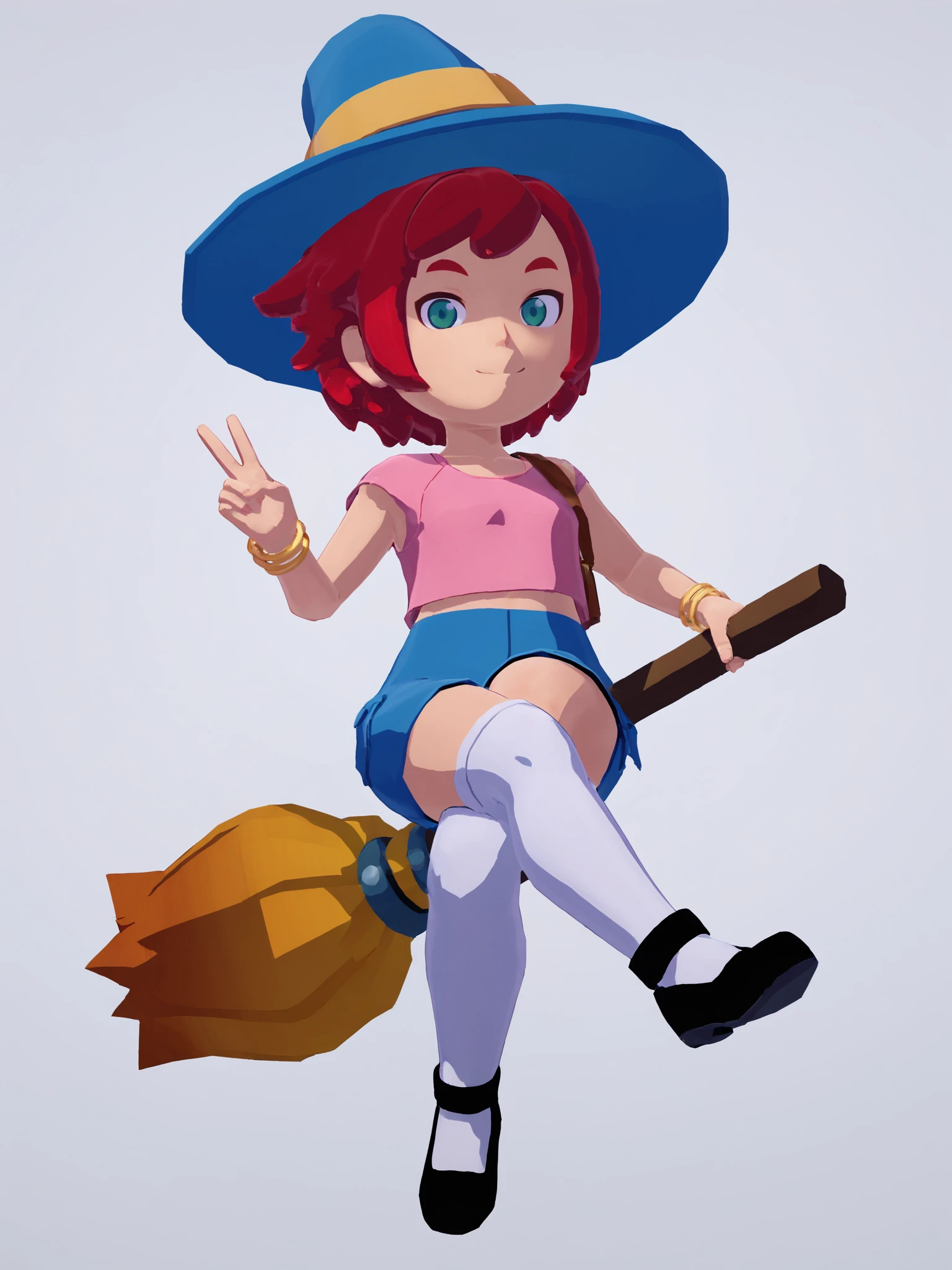 score_9, score_8_up, score_7_up, score_6_up, BREAK, white background, <lora:Mika_TheWitch_PDXLv0.1:0.7> mika, outfit1, 1girl, red hair, green eyes, pink shirt, blue shorts, gold bracelet, witch hat, white legwear, black shoes, v:1.2, crossed legs, broom, looking at viewer, 3d