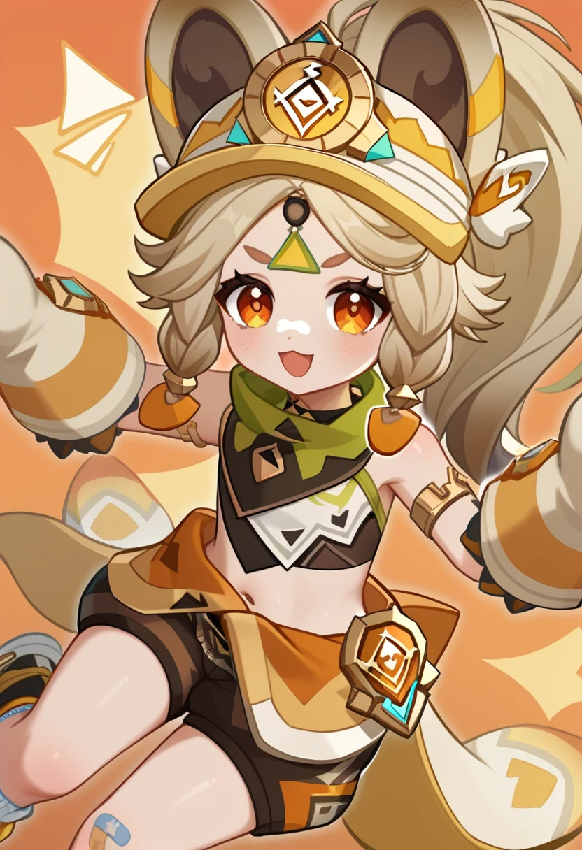 <lora:kachina_(genshin_impact):1>,kachina_(genshin_impact),gloves,socks,bandaid_on_knee,bare_shoulders,open_mouth,armlet,:d,animal_hands,looking_at_viewer,forehead_mark,solo,1girl,shorts,