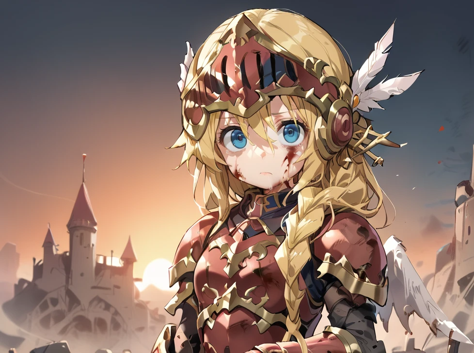 (score_9, score_8_up, score_7_up, score_6_up), source anime, BREAK, <lora:Aegina:0.60> , aegdef, 1girl, blonde hair, long hair, braid, blue eyes, valkyrie, visor (armor), winged helmet, armored dress, armor, gauntlets, boots, serious, closed mouth, looking at viewer, solo, cowboy shot, <lora:zy_Detailed_Backgrounds_v1:0.5> , detailed background, highly detailed,  castle, fortress, wasteland, desert, sunset, angel, angel wings, white feathers,  <lora:04kXLP:0.6> , 04k, battlefield, bloody, corpses, crosses, graveyard, rubble,  <lora:Pony_XL_TYGS_Gloom_Bloom_Gloomy_Anime_Art_Style:0.6>, blood, blood on clothes,