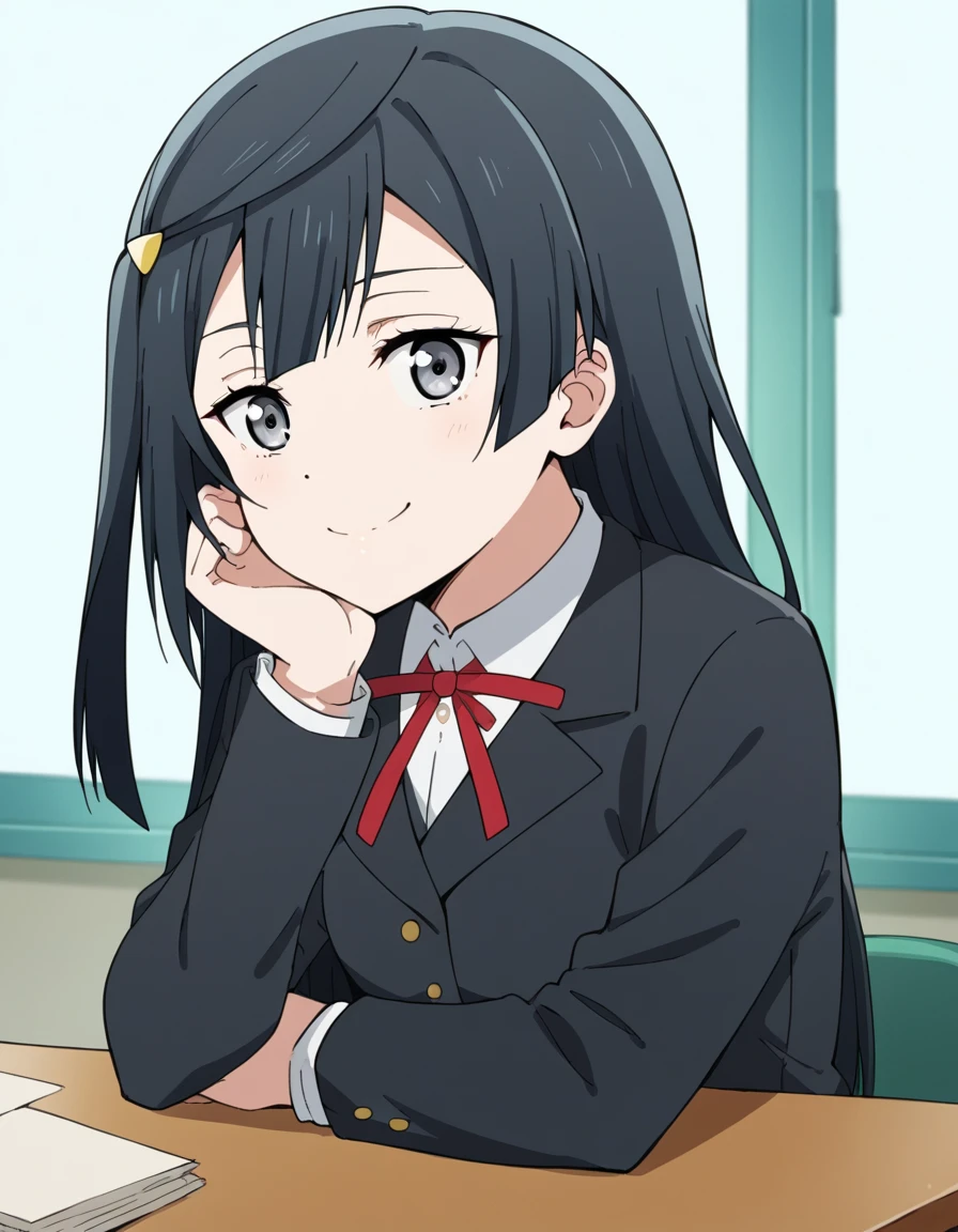 score_9, score_8_up, score_7_up, source_anime, <lora:setsuna-yuuki-s2-ponyxl-lora-nochekaiser:1>, setsuna yuuki, yuuki setsuna (love live!), long hair, bangs, black hair, sidelocks, grey eyes, one side up, hair ornament,, skirt, long sleeves, school uniform, jacket, red ribbon, black jacket, blazer, nijigasaki academy school uniform,, indoors, smile, looking at viewer, solo, sitting, head rest, table,, cowboy shot, dutch angle