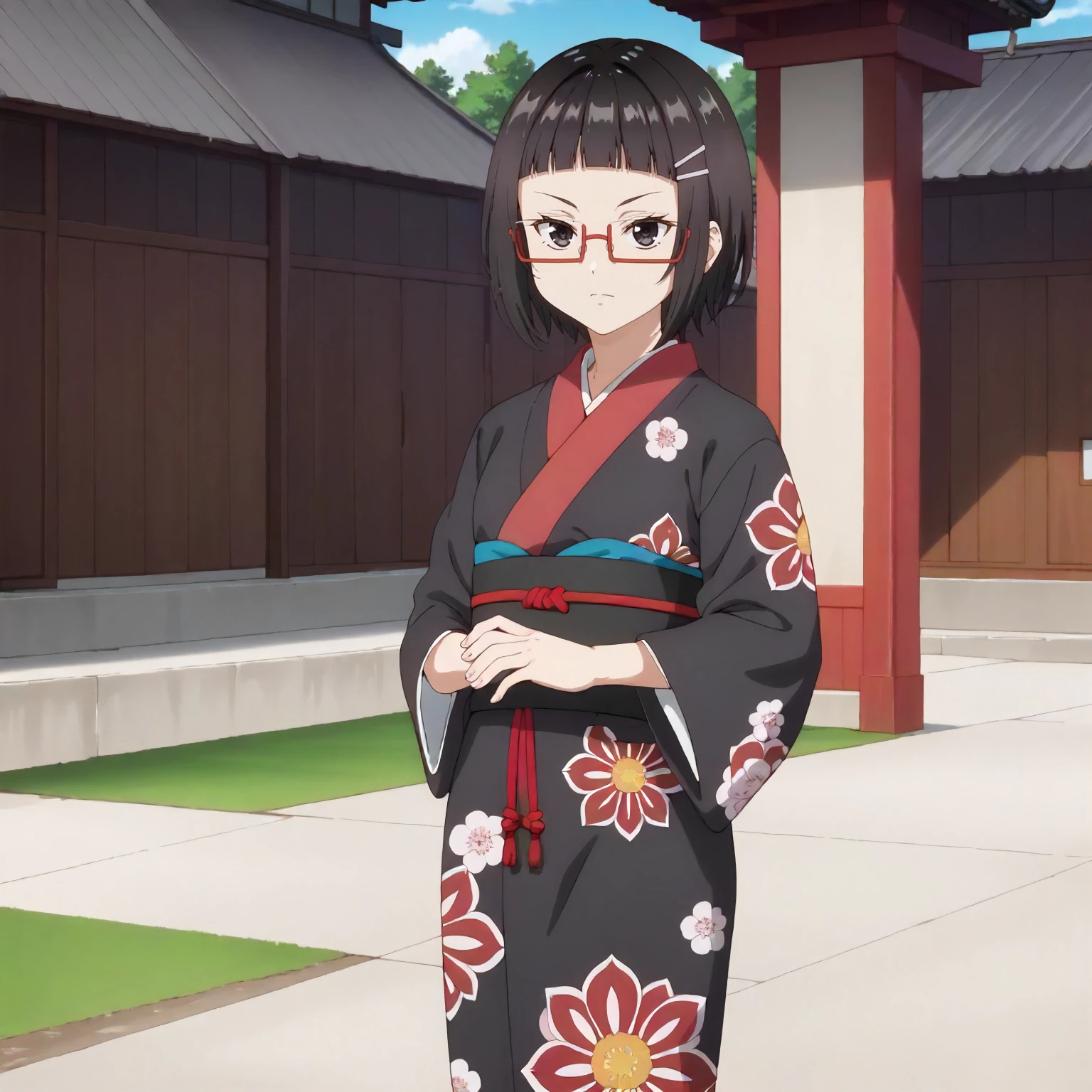 <lora:ASHHFiR_SayakaTaniyamaXLpony004>,
outdoors,
looking at viewer,
solo,
SayakaTaniyama,1girl,black hair,short hair,black eyes,red eyewear,hairclip,
standing,
print_kimono,