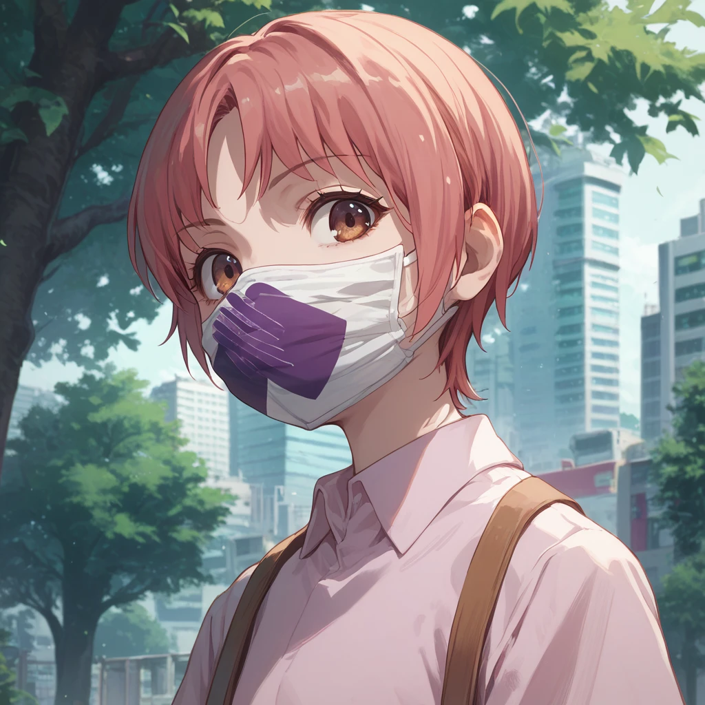 score_9, score_8_up, score_7_up, iizumi-rita, toaru, 1girl, solo, mask, short hair, looking at viewer, mouth mask, shirt, brown eyes, collared shirt, tree, brown hair, upper body, pink hair, city