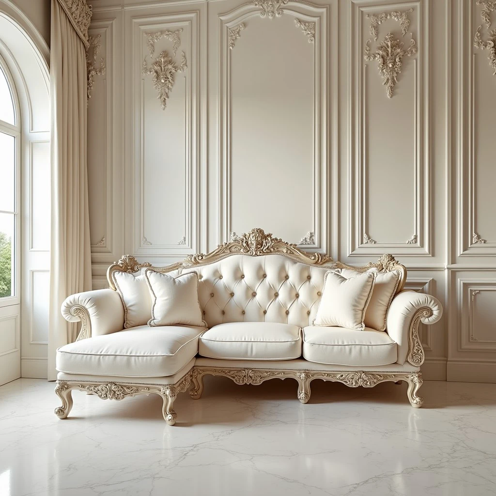 A photograph of a luxurious and opulent living room made of pearls, with reflective surfaces that have a pearlescent sheen. There is an ornate couch embodying this style, as well as moldings that enhance the walls, as well as anything that would enhance the sense of pearly beauty from the scene.