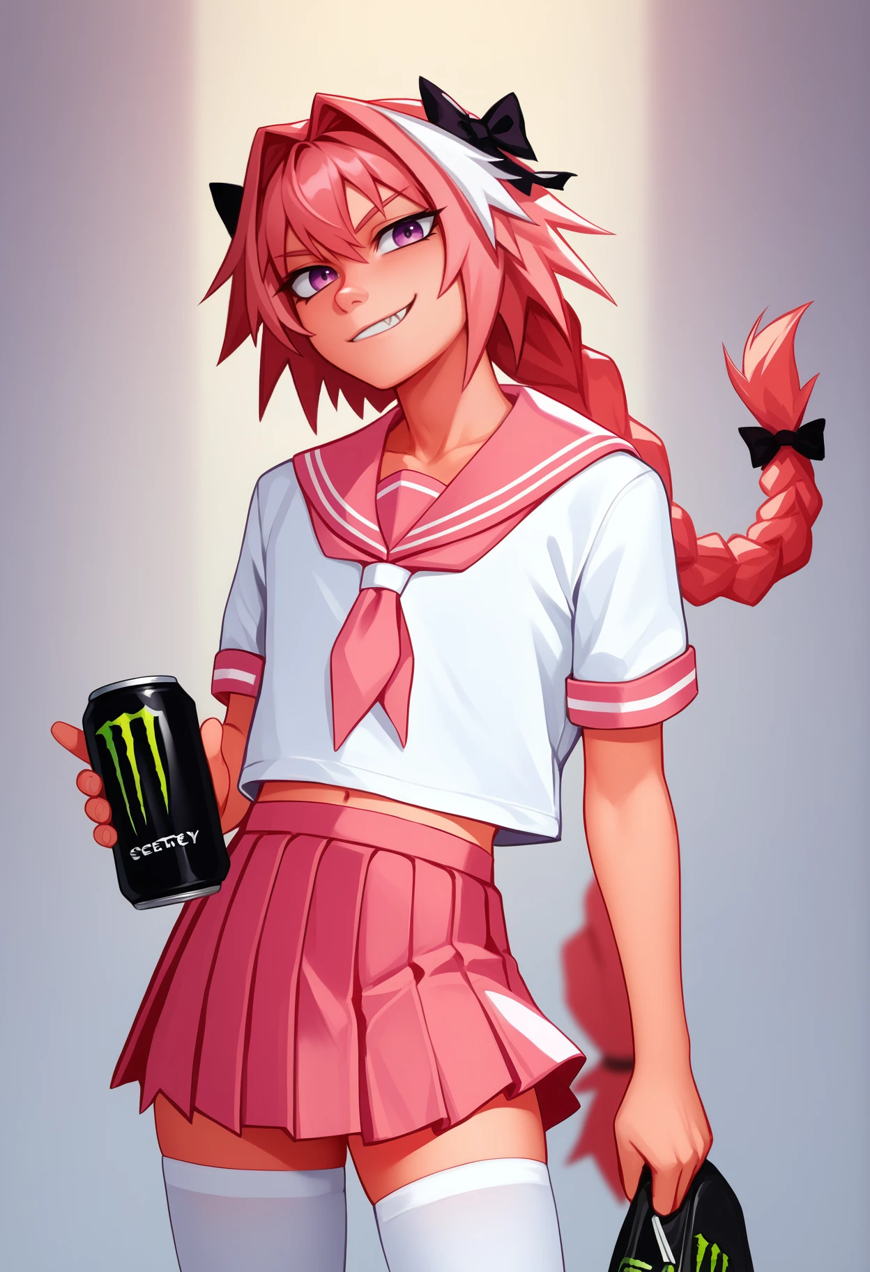 score_9, score_8_up, score_7_up, source_anime, solo, male focus, 1boy, astolfo \(fate\), otoko no ko, smirk, looking at you, standing, holding, monster energy, school uniform, serafuku, white shirt, pink sailor collar, short sleeves, pink skirt, pleated skirt, white thighhighs, midriff
<segment:yolo-face_yolov8m.pt,0.4,0.5//cid=1>