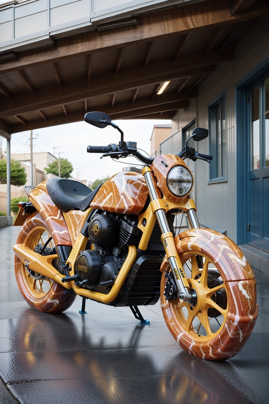 <lora:MarblePolyurethaneWorld:1> MarblePolyurethaneWorld bicycle in a suburban garage