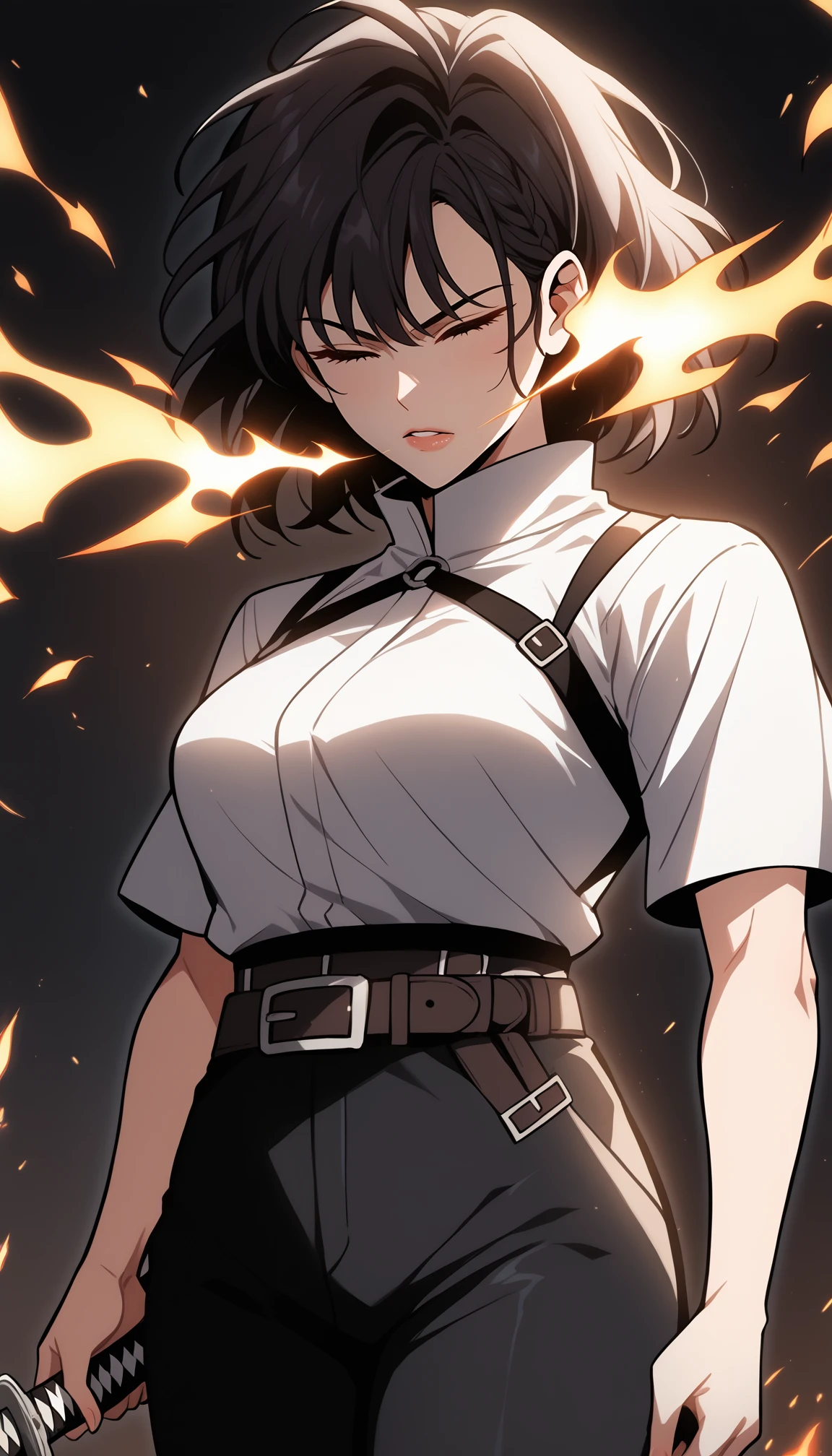 mfant, dark background, low light, 1girl, solo, adult, tall female, black hair, medium hair, bangs, full bangs, straight hair, red eyes, pale skin, skindentation,  toned, (thick thighs:0.6), medium breasts, (angry:0.6), fighting stance,holding katana,stance, black baggy pants, white top, high collar, closed eyes, crouch, glowing eyes, belt, harness,looking at viewer, flaming eye, black background,