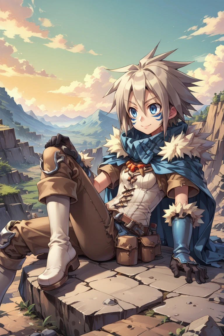 (score_9, score_8_up, score_7_up, score_6_up), source anime, BREAK, solo, <lora:Milanor:0.7> , , miladef, 1boy, grey hair, spiked hair, blue eyes, blue facial mark, fur trim, blue cloak, white corset, gloves, exterior, outdoors, canyon, mountains, cliffs, valleys, wasteland, sitting on rock, upper body, smile, closed mouth, <lora:zy_Detailed_Backgrounds_v1:0.5> , detailed background, highly detailed,   <lora:backgroundsetXL:0.4> , background,  <lora:fabula_ultima_character_art_style_v1:0.5> , fabula-ultima,