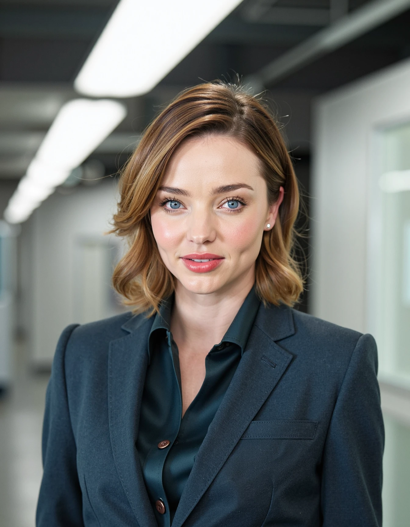 Mid-shot portrait of a woman miranda kerr in an hi tech office with blazer and a shirt under    <lora:miranda_kerr_flux_lora_v2_000001400:1>