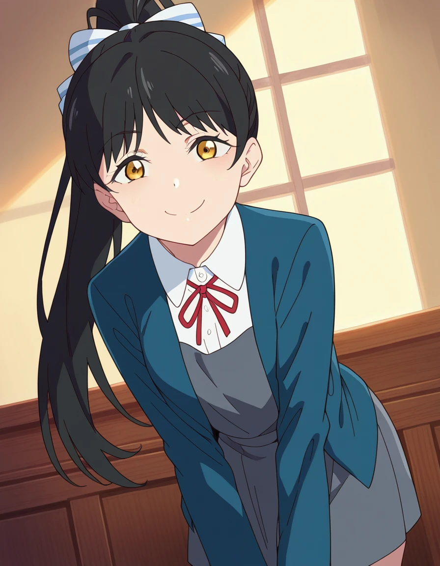 score_9, score_8_up, score_7_up, source_anime, <lora:ren-hazuki-s2-ponyxl-lora-nochekaiser:1>, ren hazuki, long hair, bangs, black hair, bow, yellow eyes, ponytail, hair bow, high ponytail,, shirt, dress, ribbon, school uniform, jacket, white shirt, open clothes, collared shirt, open jacket, red ribbon, neck ribbon, blue jacket, pinafore dress, grey dress, yuigaoka school uniform,, indoors, bent over, smile, smug, looking at viewer, solo,, cowboy shot, dutch angle