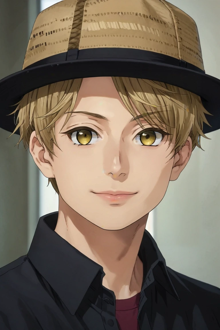 score_9, score_8_up, score_7_up, source_anime, rating_safe, intricate details, (photorealistic:0.6), , , 1boy, solo, male focus, <lora:yuuma_nikaidou_pony:1>, yuuma_nikaidou, blonde hair, yellow eyes, short hair, symmetry, treetops city, dawn, pose, seductive smile, , fedora, <lora:sdxl_lightning_8step_lora:1>