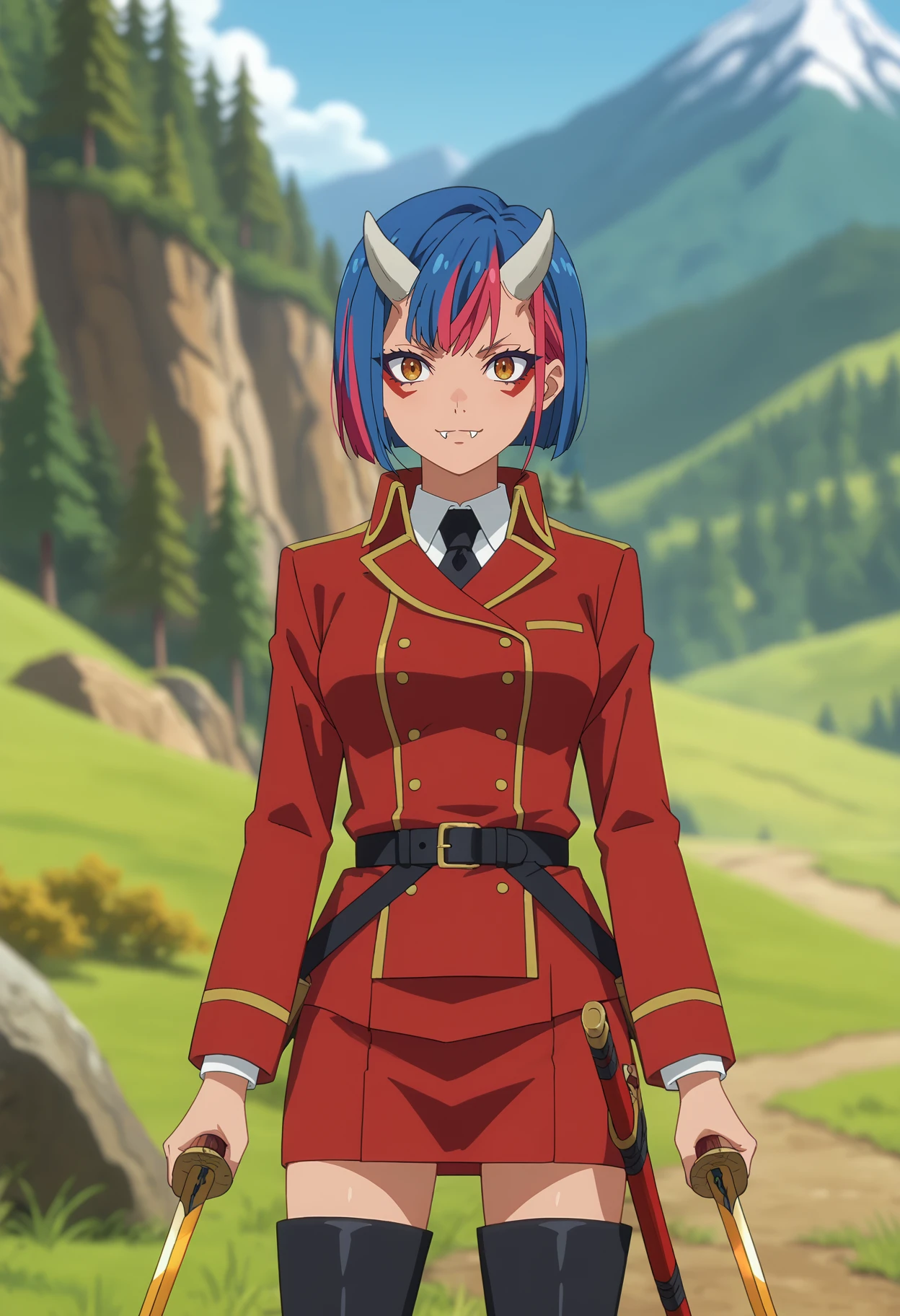 score_7_up, anime screencap,
<lora:TenSura_GobwaXL:0.9>,
1girl, solo, closed mouth, light smile,
short hair, multicolored hair, streaked hair, blue hair, pink hair, orange eyes, white horns, facial mark, fangs,
GobwaTS, red jacket, white shirt, black necktie, pencil skirt, red skirt, black belt, thigh boots, black footwear,
sheath, sword,
standing, looking at viewer, cowboy shot,
blurry background, outdoors, mountains, scenery, forest, blue sky