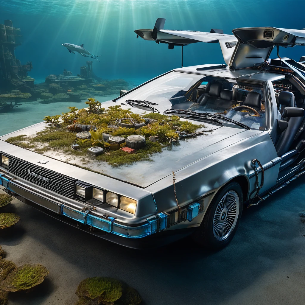 Back To The Future 1985 Delorean under water, sleek futuristic car with gull-wing doors,dirty, sea life form on car surface, detailed reflections of light on metallic surface, slightly rusted and aged, surrounded by deep blue ocean hues, bubbles rising from the car, aquatic plants and fish swimming around, soft light filtering from surface above, sense of timelessness and nostalgia, high photo-realism, dynamic lighting and shadows