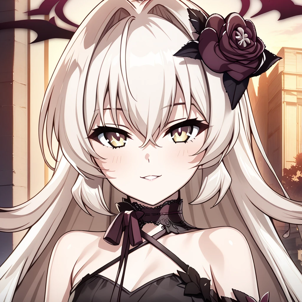 eve meitner, 1girl, solo, long hair, flower, hair ornament, hair flower, dress, looking at viewer, black dress, bare shoulders, bangs, portrait, seductive smile, anime coloring <lora:Eve_Meitner_V1.5:1>, (masterpiece),(best quality),(ultra-detailed),(best illustration),(best shadow),(absurdres),(detailed background),(very aesthetic),