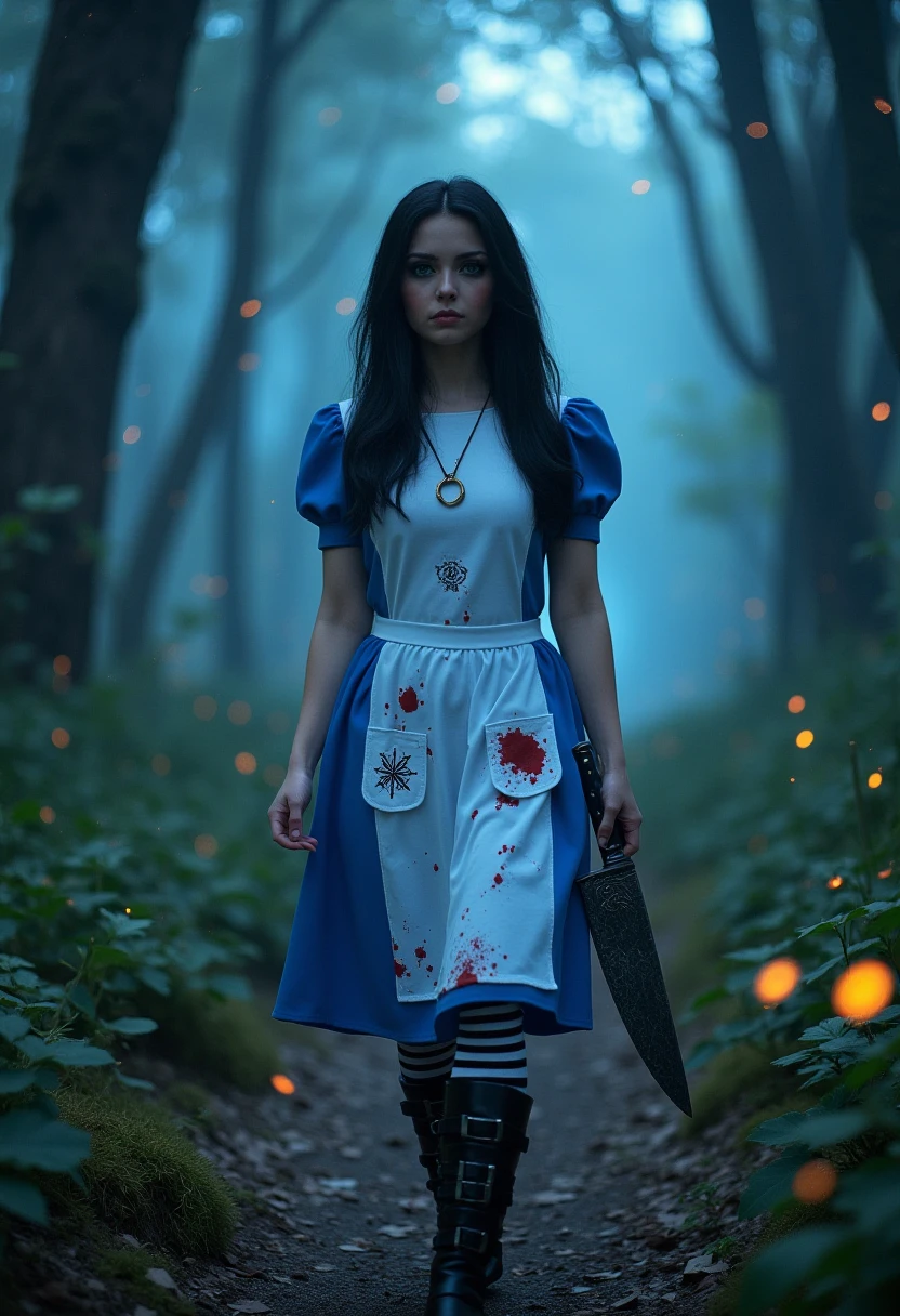 A realistic photo of madalice, she has black hair and blue eyes. She's wearing a blue dress with a white apron. The apron has magical symbols on the pocket, there are bloodstains on the apron. she wears a necklace with of an upside down horseshoe stripped stockings and knee high boots. in her hand is an ornate butcher knife. she is walking through a mystical forest, misty bog, fireflies flying around lighting up. it's night and moonbeams stream through the trees.