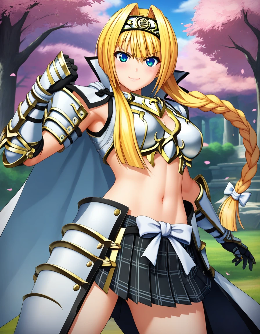 score_9, score_8_up, score_7_up, BREAK source_anime, best quality, masterpiece,very aesthetic, zPDXL2,official art,detailed_eyes,1girl, solo,
ashikaga_yoshiteru_(sengoku_otome), blonde hair, blue eyes, long hair, breasts, single braid, 
armor, midriff, black pleated skirt, skirt in plaid skirt,navel, hairband, cape, white bow,gauntlets, 
<lora:ashikaga_yoshiteru_(sengoku_otome)_pony_v1:1>
standing, ( fighting stance ),
closed mouth,blush,smile,  
looking at viewer,(cowboy shot,:1.3),
( outdoors, forest)