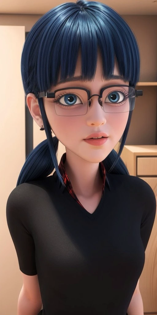 Hyperrealistic, photorealistic, super detailed, blue eyes, black square-shaped glasses, shoulder-length black hair with blue reflections tied back in ponytails, light pink lips, body like in real life, large pores, light skin-tone, slender, beautiful arms, little breasts, unreal engine, octane render, droped shadow, bokeh, cinematic lighting, <lora:add_detail:0.5>, <lora:Volumetric_lighting:0.6>, Socqueline Wang, <lora:2e3d8eda-f9e4-4a3e-a875-3900cd8f995c:0.7>