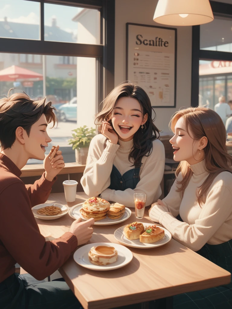 score_9,score_8_up,score_7_up,score_6_up, Slice-of-life anime scene of a group of friends laughing and sharing food at a cozy, sunlit café, with a focus on the warmth and detailed expressions that capture their bonds, digital composition, trending on ArtStation.