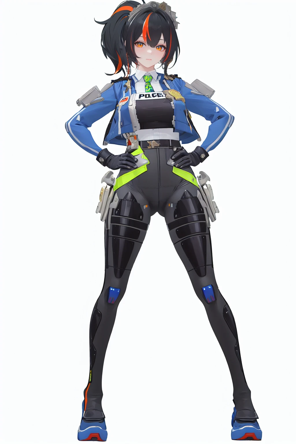 8k, best quality, masterpiece, (ultra-detailed), (high detailed skin),
(full body:1.25), (white background:1.4), (simple background), standing, looking at viewer, (solo:1.2), hands on hips,
<lora:zhuyuan-sd-Tanger:0.9>, zhuyuan, default clothes, Police combat uniforms, 1girl, multicolored hair, black hair, blue jacket, gloves, streaked hair,
