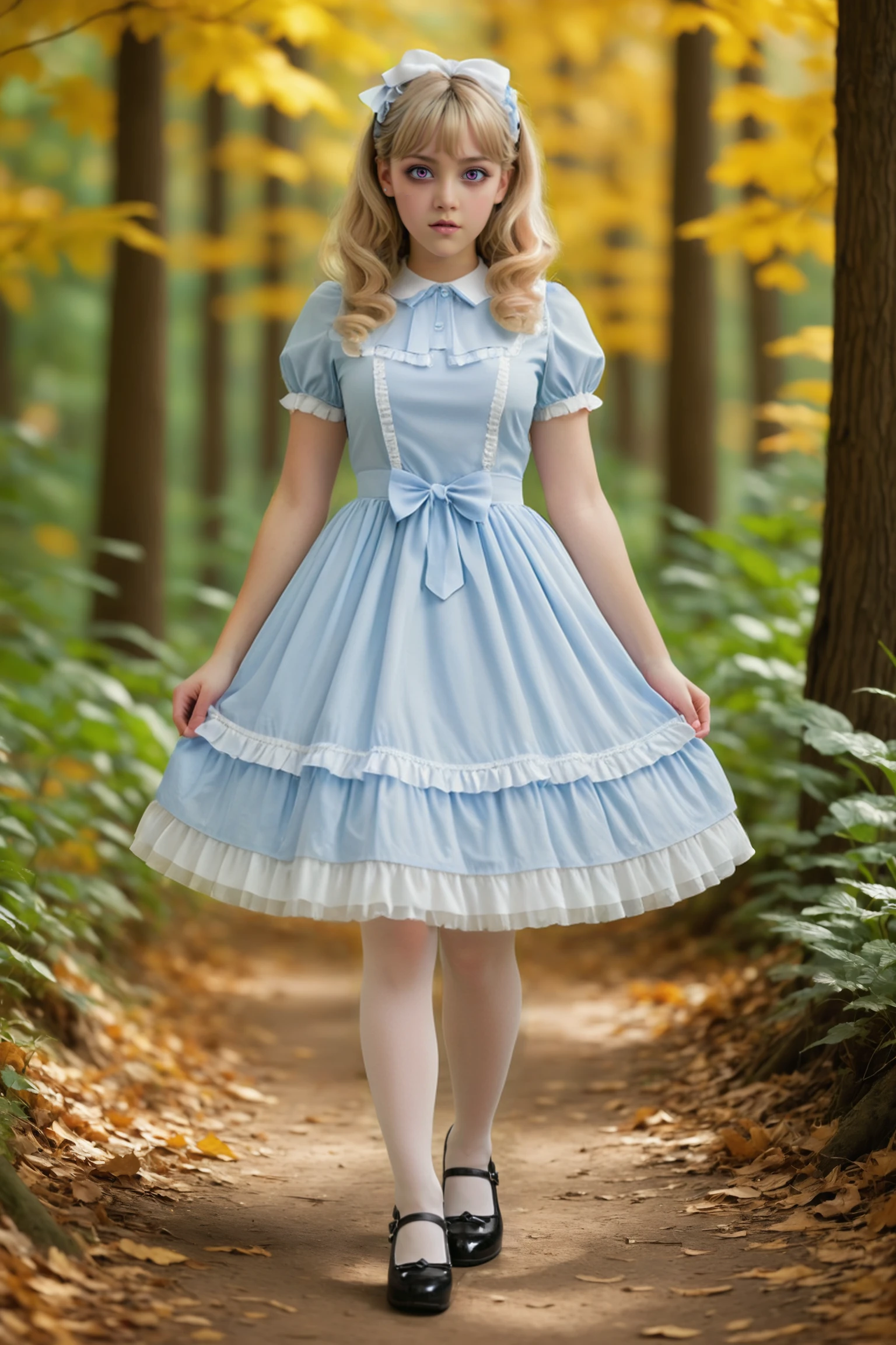 highly realistic (full body photograph) of cute blonde girl, (walking with hands held at waist)
wearing a pale blue sweetop dress
wearing white opaque tights
wearing (black mary jane heels)
(walking) on forest path
outdoor natural lighting, dappled
<lora:sweetlolitaXLv5.1:1.0>