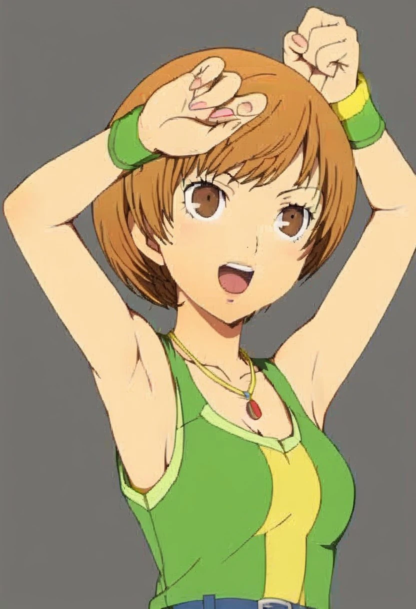 1girl, solo, short hair, brown hair, brown eyes, belt, armpits, necklace, green tank top, casual, wristband, satonaka chie