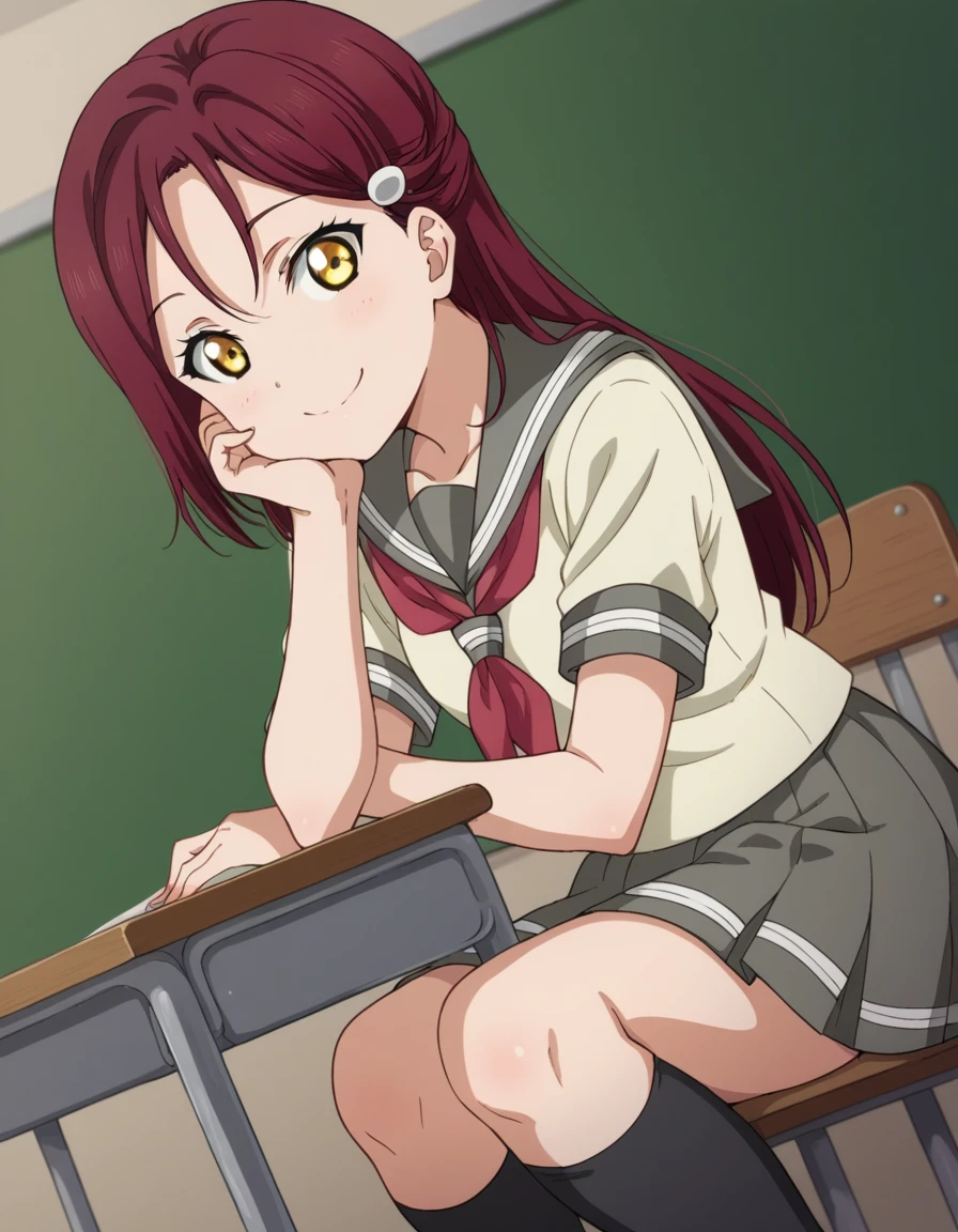 score_9, score_8_up, score_7_up, source_anime, <lora:riko-sakurauchi-s2-ponyxl-lora-nochekaiser:1>, riko sakurauchi, long hair, hair ornament, yellow eyes, red hair, hairclip,, skirt, school uniform, short sleeves, pleated skirt, serafuku, socks, neckerchief, kneehighs, black socks, red neckerchief, grey skirt, uranohoshi school uniform,, indoors, smile, looking at viewer, solo, sitting, head rest, table,, cowboy shot, dutch angle
