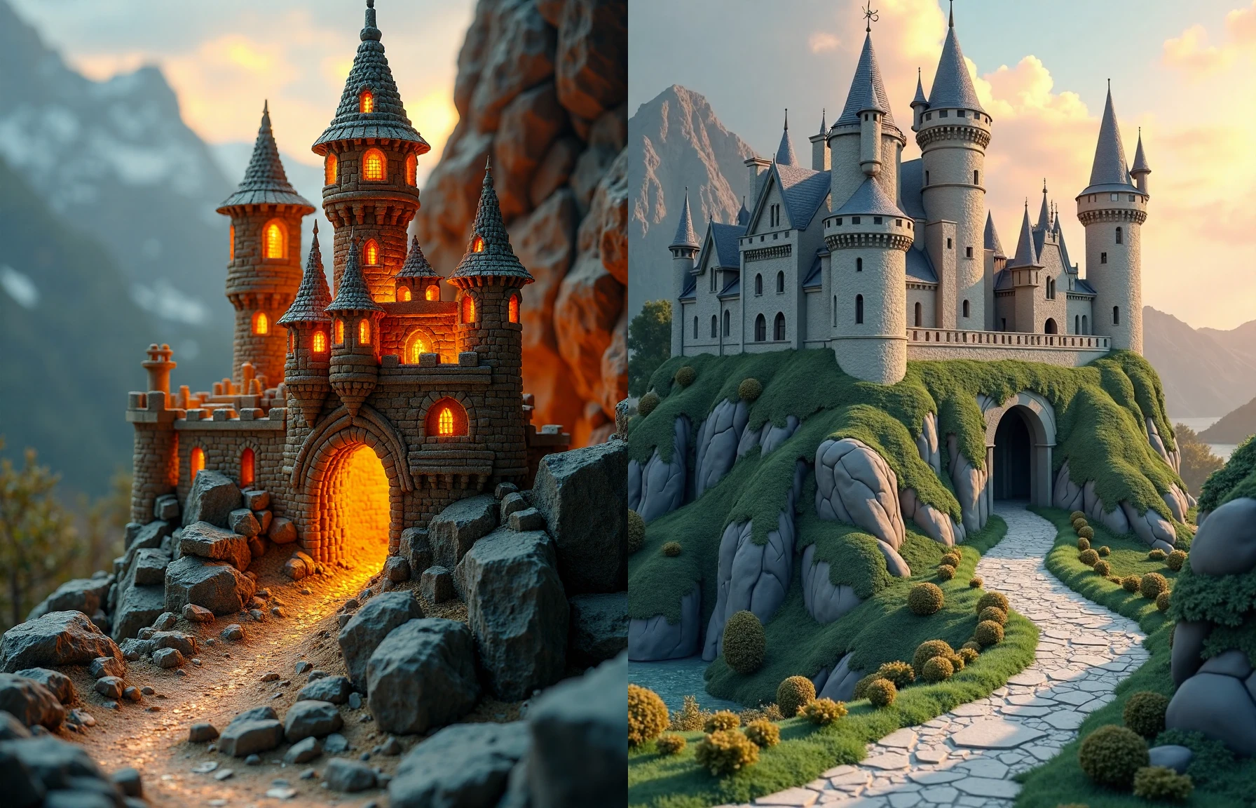 A clay sculpture of a castle, made out of fractangles, with intricate details that highlight the natural beauty and dramatic landscapes in a medieval city. The painting blends Gothic aesthetics from antiquity into fantasy visions by combining elements for an enchanting piece made only possible through imaginative creation techniques like lightbox animationistry or atmospheric lighting effects to create this dynamic masterpiece