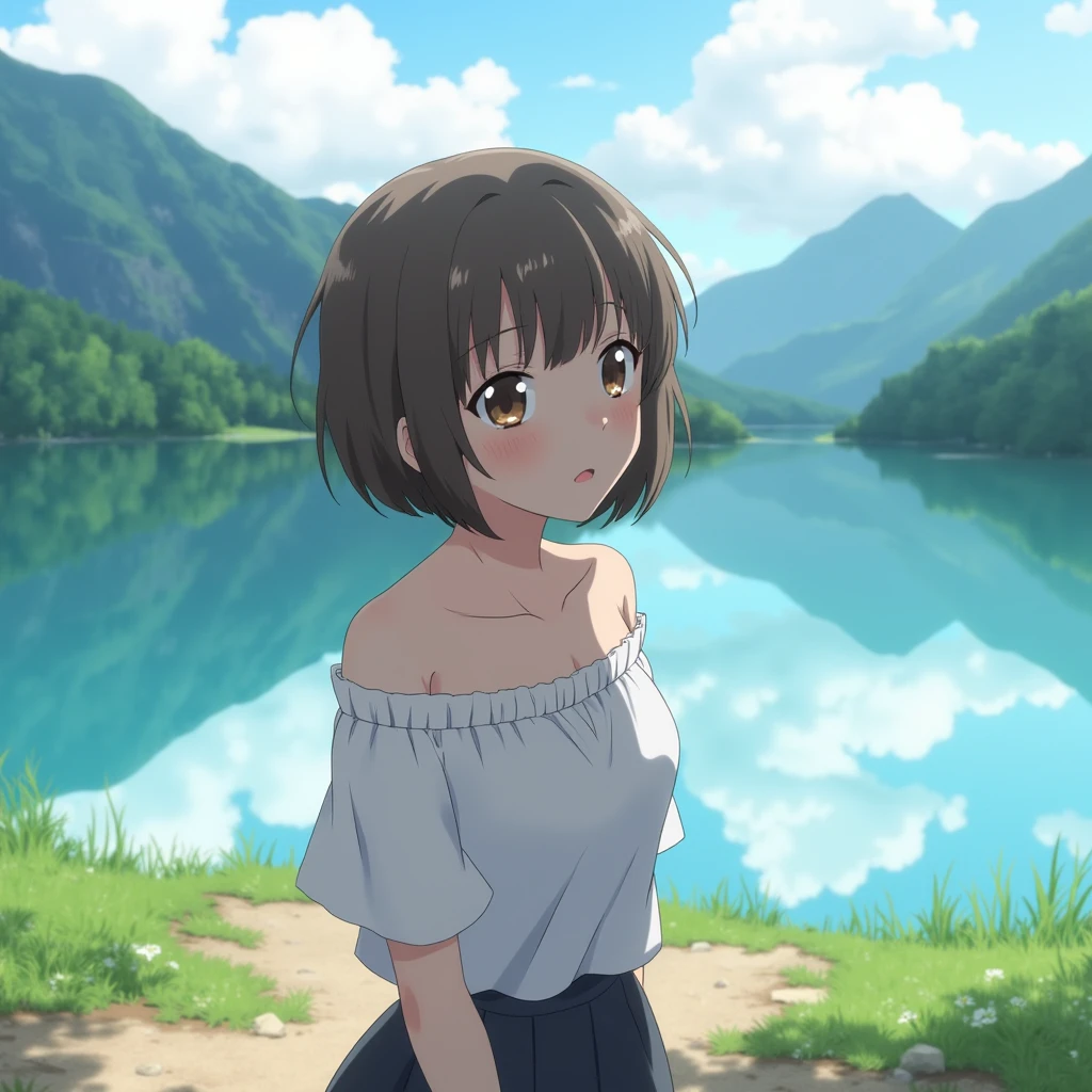 anime girl walking by a lake, waist-up shot, beautiful lighting, mountainous background, upper body shot, frilled shirt, collarbone, <lora:anime-screenshots:0.9>, 1girl