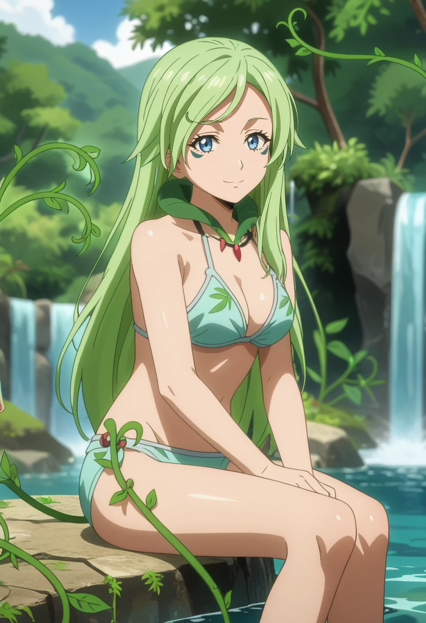 score_7_up, anime screencap,
<lora:TenSura_TreyniXL:0.9>, TreyniTS,
1girl, solo, closed mouth, light smile,
long hair, green hair, blue eyes, facial mark, vines,
white bikini, leaf print,
sitting, looking at viewer,
blurry background, outdoors, waterfall, stone, water