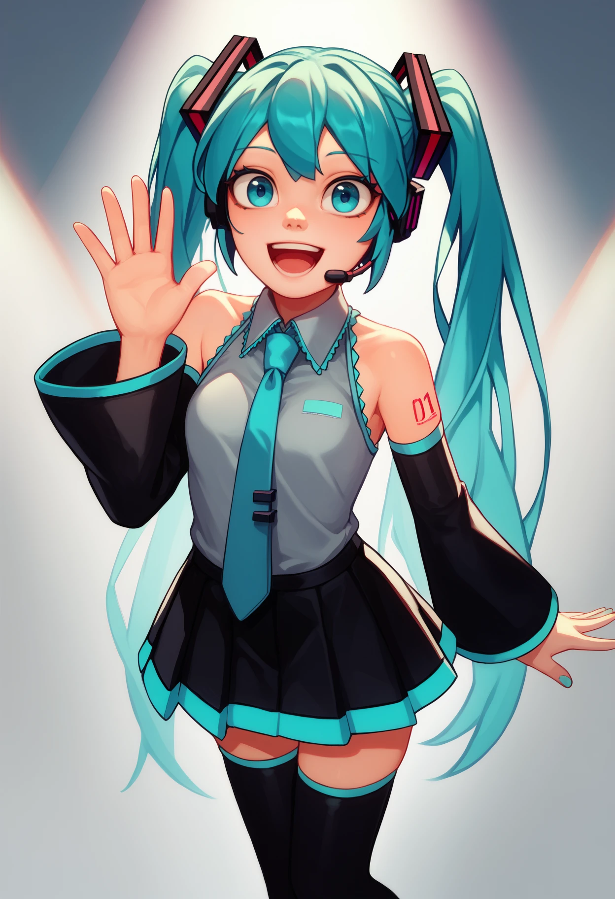 score_9, score_7_up, score_6_up, solo, 1girl, hatsune miku, happy, open mouth, looking at you, standing, waving, aqua hair, twintails, headset, aqua eyes, grey shirt, sleeveless shirt, aqua necktie, black sleeves, detached sleeves, black skirt, black thighhighs, spotlight
<segment:yolo-face_yolov8m.pt,0.4,0.5//cid=1>