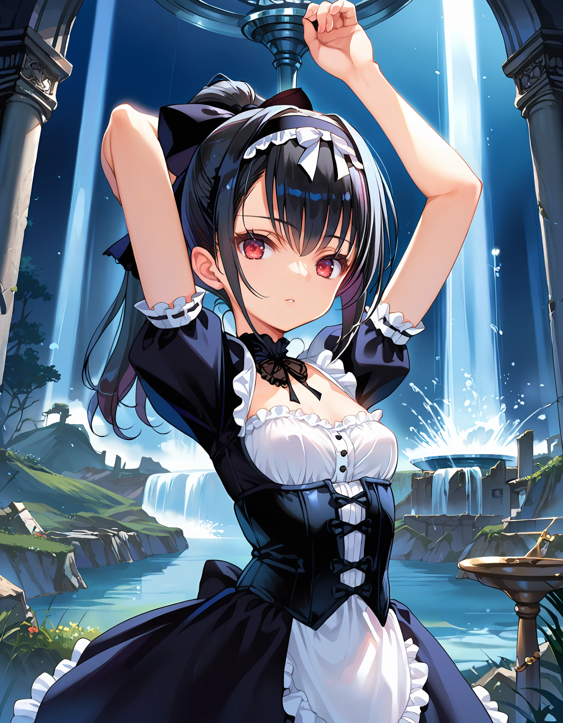 score_9, score_8_up, score_7_up, source_anime,
fisheye, close-up to face, foreshortening, 1girl, solo, mysterious, fantasy, 
arms raised in the air, arms_behind_back,  
looking at viewer, photo background, detailed background,  
gothic, religious ruins, landscape, fountain, luminescence, night, 
<lora:Choco_pony_v1:1> choc,
red eyes, black hair, hair bow, hairband,
wide ponytail, bangs,
petitie, satin dress, corset, frills,