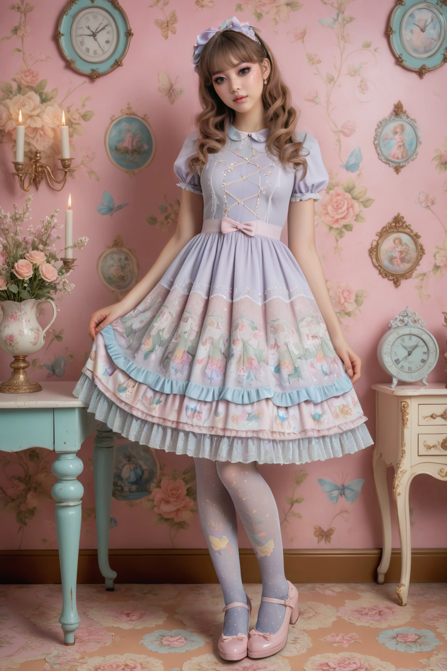 highly detailed (full body photograph) of A young woman wearing a sweetegl dress, tights, mary jane heels, with intricate details and soft pastel colors, whimsical background <lora:sweetlolitaXLv5.1:0.7>