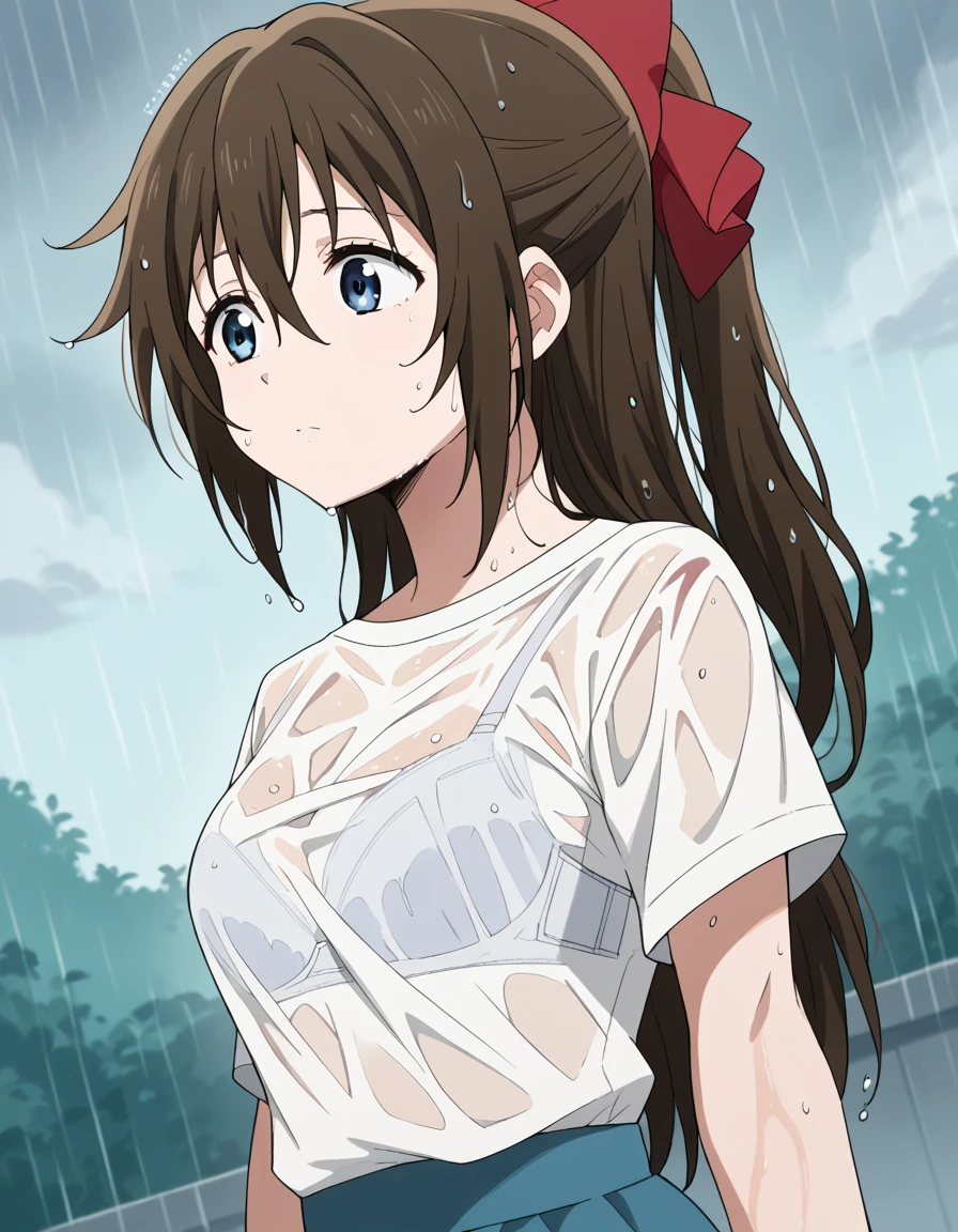 score_9, score_8_up, score_7_up, source_anime, <lora:shizuku-ousaka-s2-ponyxl-lora-nochekaiser:1>, shizuku ousaka, long hair, bangs, blue eyes, brown hair, bow, ribbon, hair between eyes, ponytail, hair bow, sidelocks, red bow, half updo,, <lora:bra-visible-through-clothes-ponyxl-lora-nochekaiser:1>, bra visible through clothes, wet shirt, wet clothes, see-through, see-through shirt, bra, bralines, wet, white shirt, bra peek, wet skirt,, outdoors, rain, cloudy, , cowboy shot, dutch angle