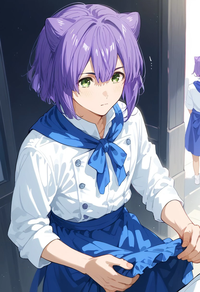 score_9, score_8_up, score_7_up, source_anime, rating_safe, MomoSNS, green eyes, purple hair, 1boy, male focus, white Momo shirt, blue Momo neckerchief, blue Momo waist apron, solo focus,