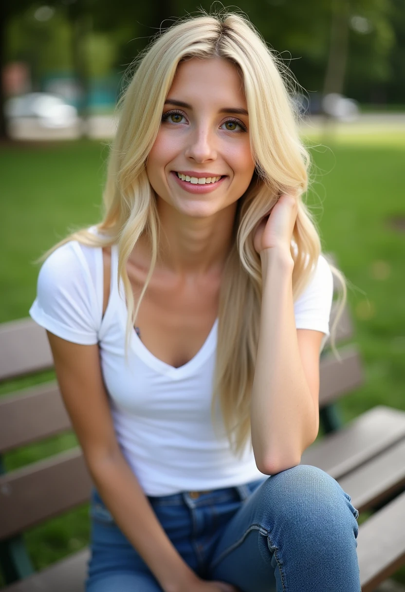 A highly detailed realistic photo of piperperri, young petite blonde woman in a t-shirt and jeans. Sitting on a park bench. headshot, close up on face. Smiling looking at viewer