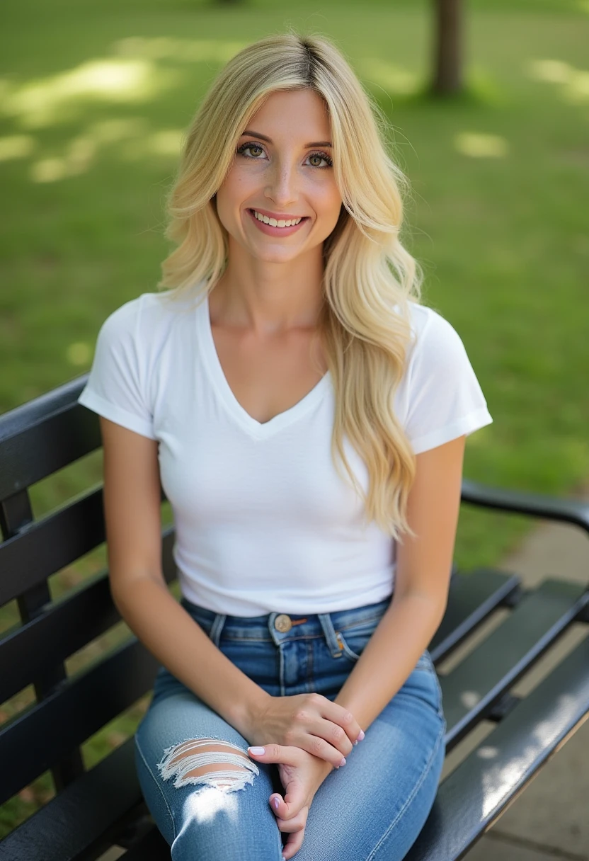 A highly detailed realistic photo of piperperri, young petite blonde woman in a t-shirt and jeans. Sitting on a park bench. headshot, close up on face. Smiling looking at viewer