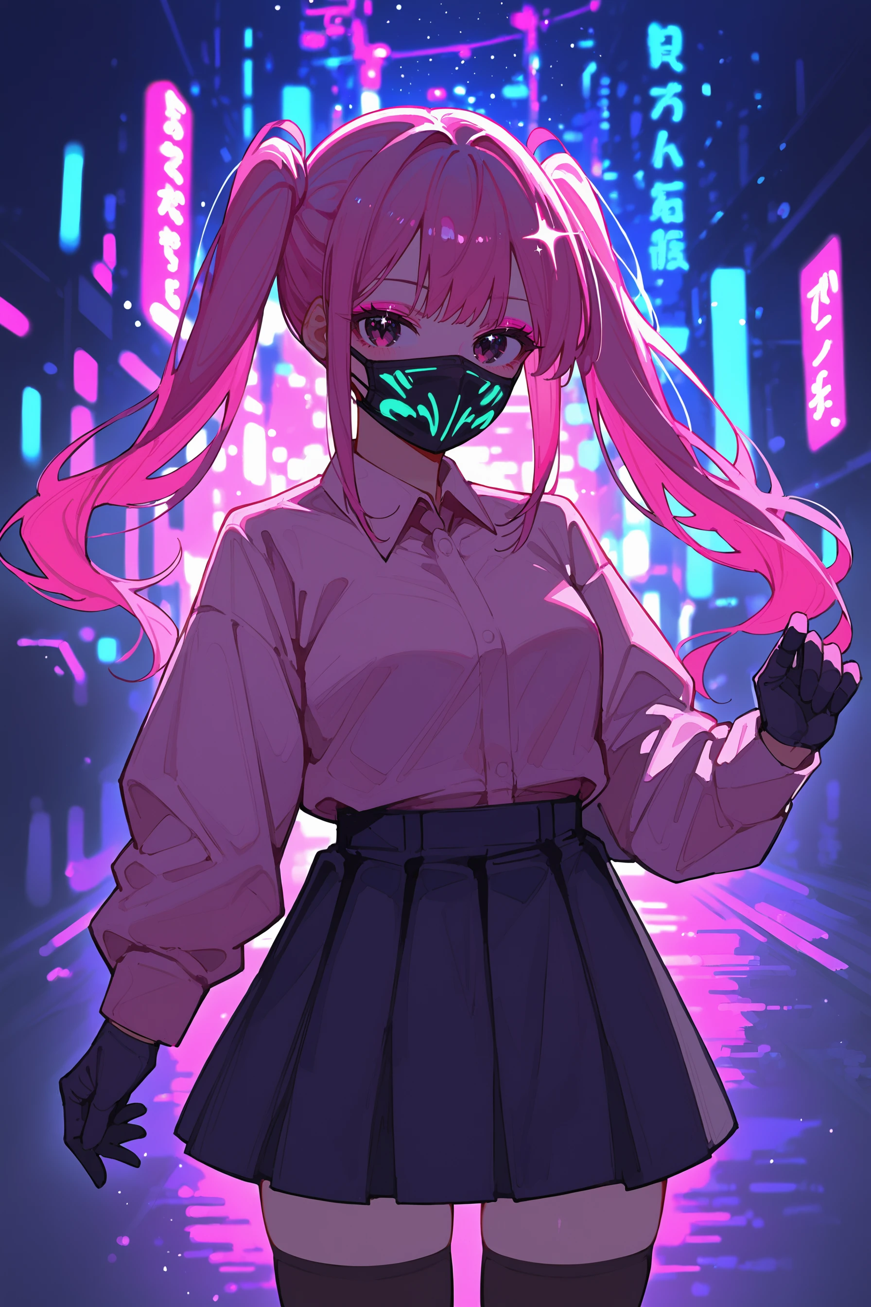 (score_9, score_8_up, score_7_up) BREAK source_anime,neon,1girl,solo,black eyes,eyeshadow,mouth mask,pink hair,long hair,twintails,collared shirt,pink shirt,black gloves,black skirt,black thighhighs,expressionless,blush,looking at viewer,cowboy shot,standing,outdoors,city,night,street,neon lights,neon trim,sparkle,<lora:neon_v1:1>,