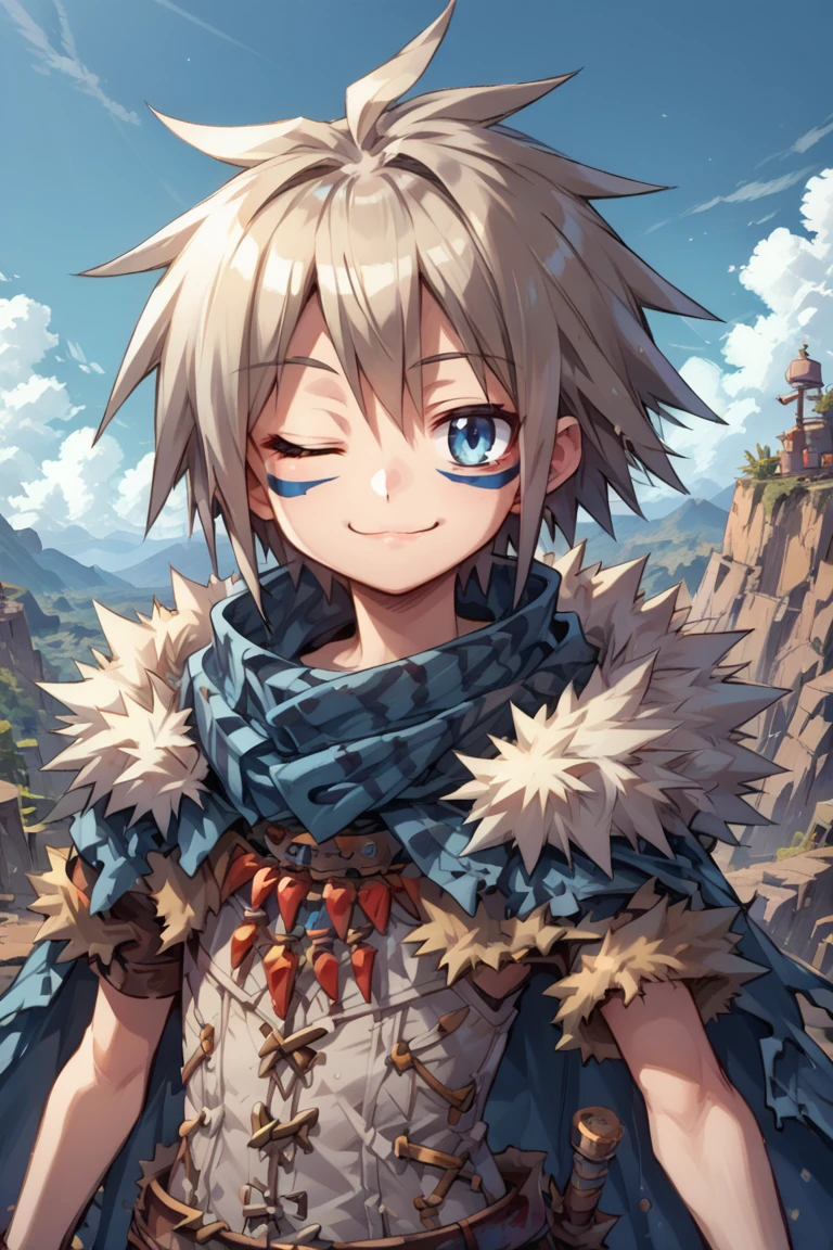 (score_9, score_8_up, score_7_up, score_6_up), source anime, BREAK, solo, <lora:Milanor:0.75> , miladef, 1boy, grey hair, spiked hair, blue eyes, blue facial mark, fur trim, blue cloak, white corset, (upper body),  exterior, outdoors, day, canyon, mountains, cliffs, valleys, wasteland, standing, smile, closed mouth, <lora:zy_Detailed_Backgrounds_v1:0.5> , detailed background, highly detailed,   <lora:backgroundsetXL:0.4> , background, looking at viewer,  smug, one eye closed,  <lora:cr33pXLP:0.7> , cr33p,