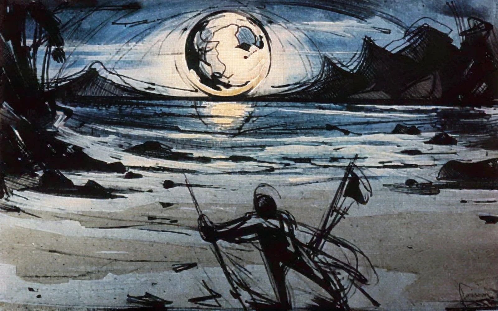 social realism \(style\)<lora:david-alfaro-siqueiros_pony_v1:1> ' sketch ' by Siqueiros David Alfaro in 1944,sketch and study \(genre\)  serene beach scene bathed in the soft silvery light of the moon, score_9, score_6_up, score_7_up