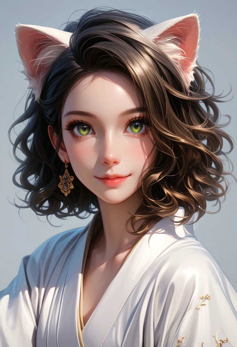 Close-up details, realistic style photo, (colored skin), (full body portrait of a Japanese girl in the style of Conrad Roset, Nicola Samori), (extra long shiny black curly hair, cat ears), (pure white kimono:1.6), light smile, green eyes with golden highlights, outstanding style, tall, cute, in her teens, soft lighting to cast gentle shadows on the subject, score_9, score_8_up, score_7_up, K-Eyes