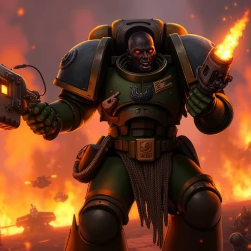 a warrior in power armor with a flamethrower, flames, fire, shouting, slmndr, space marine, armor, weapon, science fiction, black skin, red eyes, face focus