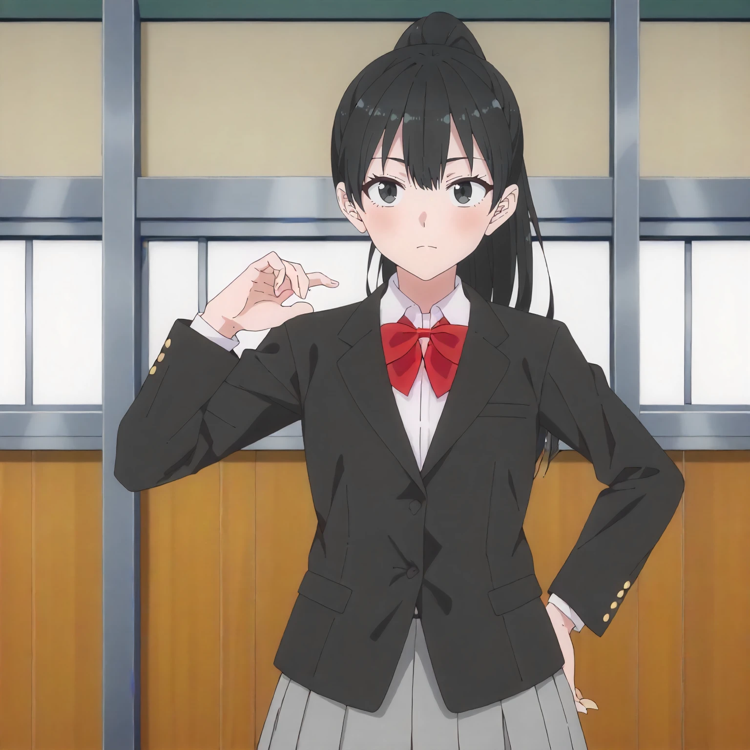 <lora:25DS_MidoriTakiXLpony001>,
school,
looking at viewer,
solo,
MidoriTaki,1girl,black hair,ponytail,black eyes,
black blazer,red bowtie,
gray skirt,
standing,