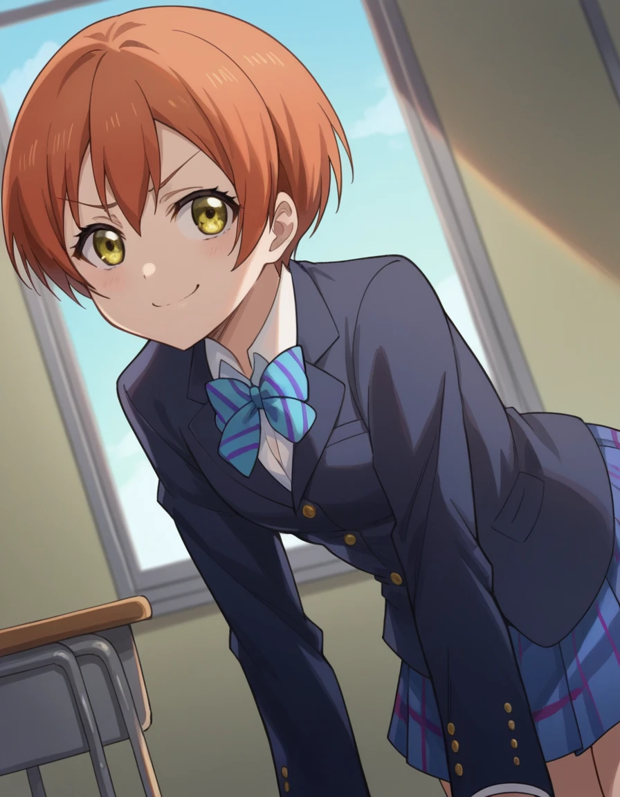 score_9, score_8_up, score_7_up, source_anime, <lora:rin-hoshizora-s1-ponyxl-lora-nochekaiser:1>, rin hoshizora, short hair, jacket, yellow eyes, orange hair, pixie cut,, skirt, school uniform, jacket, blazer, winter uniform, otonokizaka school uniform,, indoors, bent over, smile, smug, looking at viewer, solo,, cowboy shot, dutch angle