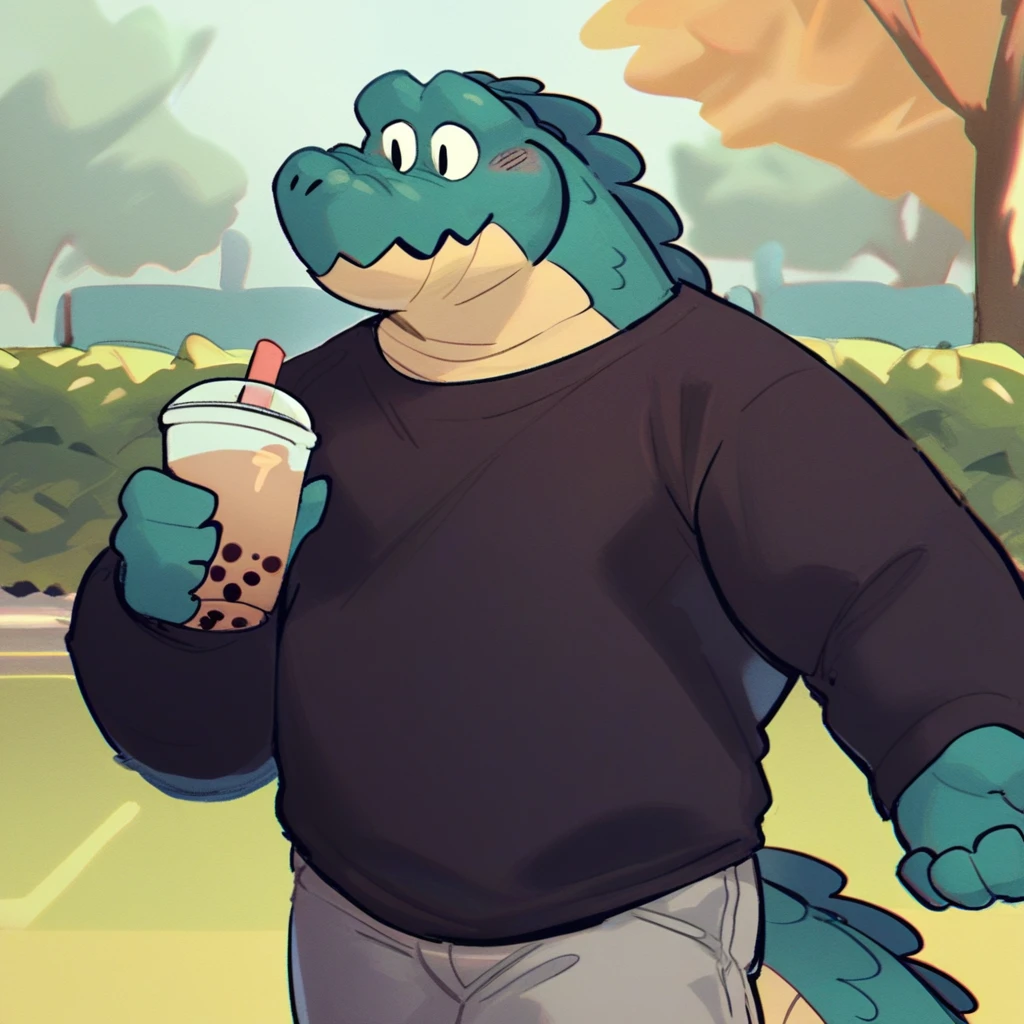 score_9_up, score_8_up, score_7_up, source_furry, Duncan, anthropomorphic crocodile, crocodile, dark teal color, dark teal body, bigger build, furry male, furry, 1boy, solo, black sweater, gray shorts, holding, bubble tea, in park, park