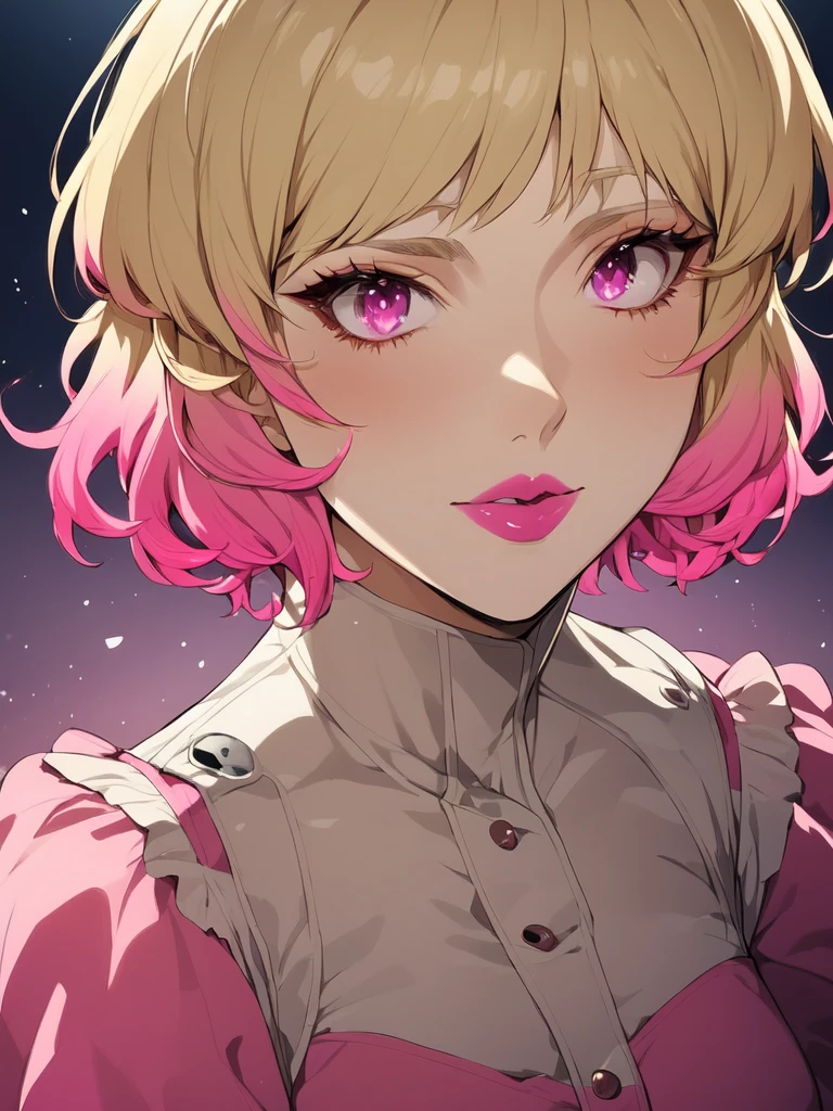 Sofia Louis, 1woman, source_anime, solo, (short hair, blonde hair, pink hair, multicolored hair, gradient hair), pink eyes, makeup, lipstick, pink eyes, blonde eyebrows, 