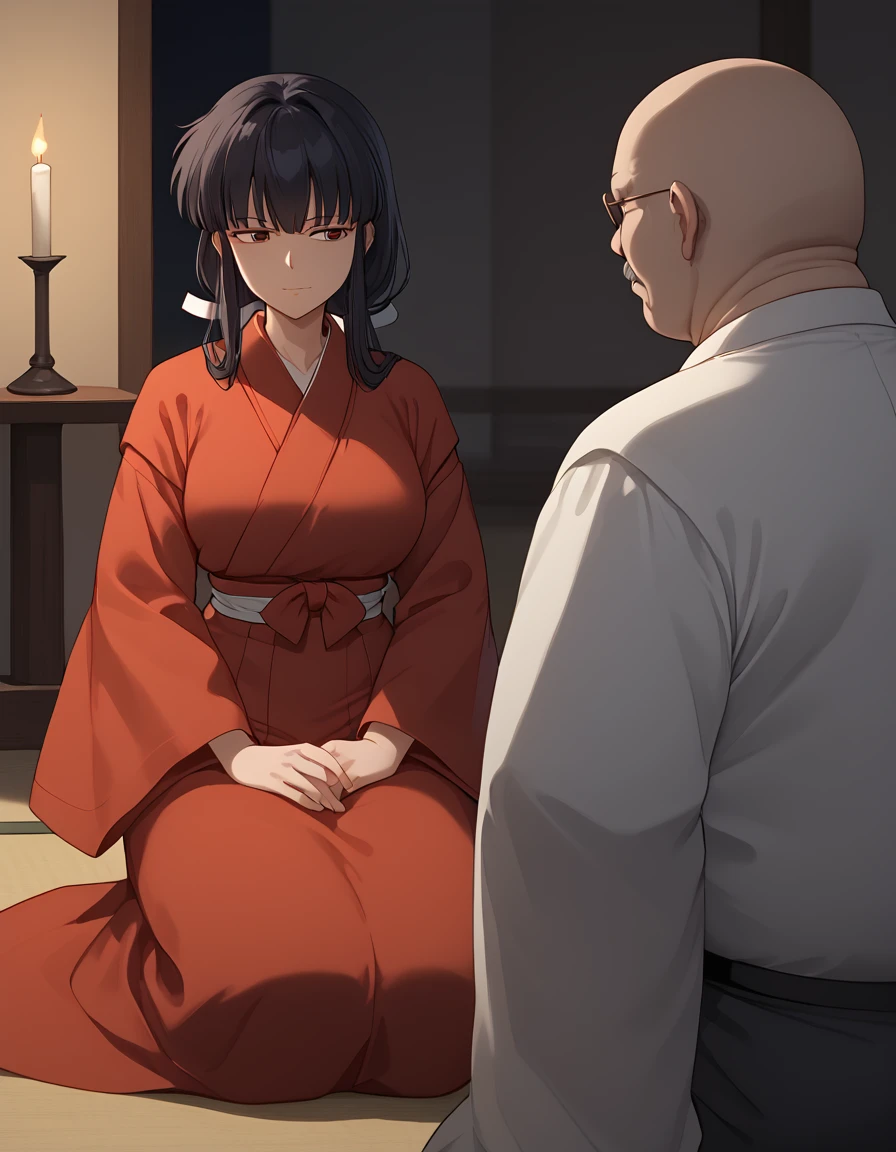 score_9, score_8_up, score_7_up, source_anime,kikyou,1girl,black hair, long hair, large breasts ,long sleeves, <lora:kikyou pony:1>,low tied hair, 
BREAK
NSFW,miko,red hakama,kimono, night,indoors, expressionless, bored,sitting, looking away,kneeling, looking at another, darkness,candle, glowing, more people,boy  from behind, dark-skinned male has evil smile, faceless male, ugly man, fat man,age difference, netorare,